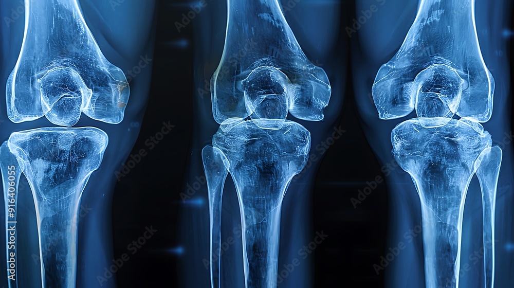 © LuvTK - Composite X-ray image of knee joints from multiple angles, highlighting arthritis and cartilage wear, high clarity, blue-tinted monochrome, clinical setting, labeled bone structures, © LuvTK - Composite X-ray image of knee joints from multiple angles, highlighting arthritis and cartilage wear, high clarity, blue-tinted monochrome, clinical setting, labeled bone structures,