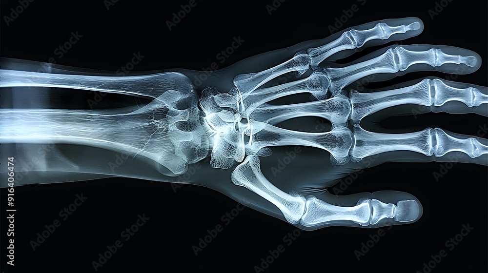 Detailed X-ray of a child's hand showing growth plates, clear bone development indicators, high-definition medical imaging, crisp bone visualization, blue-gray scale, minimal background distractions, Detailed X-ray of a child's hand showing growth plates, clear bone development indicators, high-definition medical imaging, crisp bone visualization, blue-gray scale, minimal background distractions,