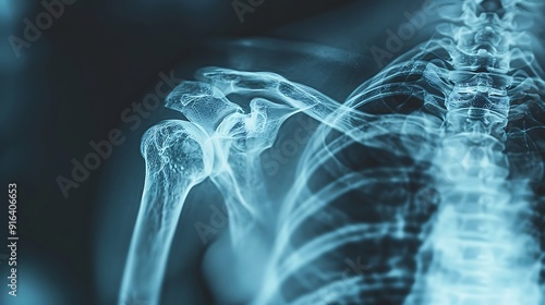 Detailed X-ray of a dislocated shoulder, showing the clear dislocation of the joint, high-definition medical imaging, crisp bone visualization, blue-gray scale, minimal background distractions,