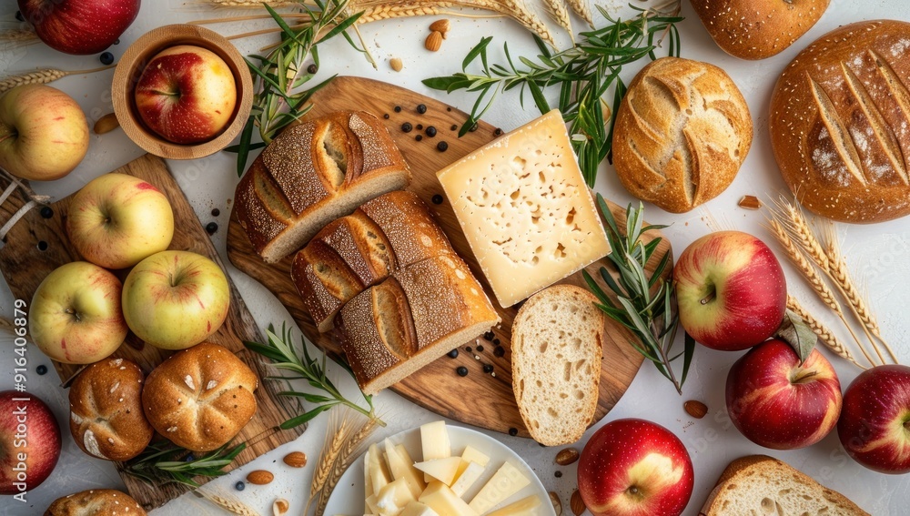 Rustic Table Setting with Bread, Cheese, and Apples Rustic Table Setting with Bread, Cheese, and Apples