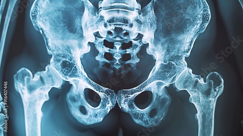 Detailed X-ray of the pelvis showing fractures, with clear bone alignment and structural abnormalities, high-definition medical imaging, crisp bone visualization, blue-gray scale,