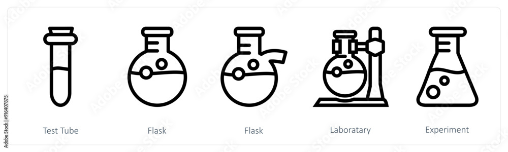 A set of 5 science icons as test tubes, flask, laboratory A set of 5 science icons as test tubes, flask, laboratory