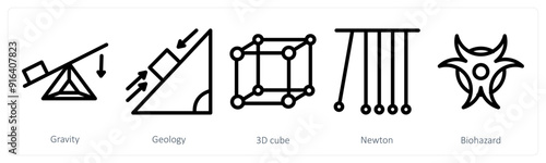 A set of 5 science icons as gravity, geology, 3d cube