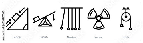 A set of 5 science icons as geology, gravity, newton