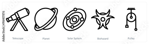 A set of 5 science icons as telescope, planet, solar system