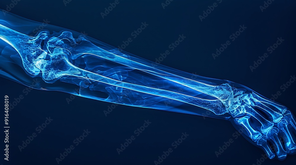 High-resolution X-ray of an arm fracture in a bent position, showing the break clearly, blue monochromatic filter, minimalistic medical background, radiological context. --ar 16:9 --v 6. High-resolution X-ray of an arm fracture in a bent position, showing the break clearly, blue monochromatic filter, minimalistic medical background, radiological context. --ar 16:9 --v 6.