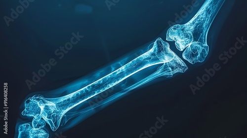 High-resolution X-ray of the femur in a lateral position, showing osteoporosis indicators clearly, blue monochromatic filter, minimalistic medical background, radiological context. --ar 16:9 --v 6. photo