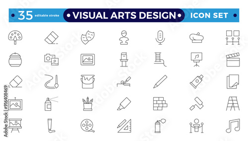 Art icon set. It contains literature, architecture, sculpture, art, exhibition, painting, music, design, and museum icons—editable stroke outline icons.
