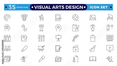 Art icon set. It contains literature, architecture, sculpture, art, exhibition, painting, music, design, and museum icons—editable stroke outline icons.
