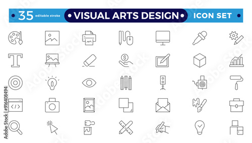 Art icon set. It contains literature, architecture, sculpture, art, exhibition, painting, music, design, and museum icons—editable stroke outline icons.