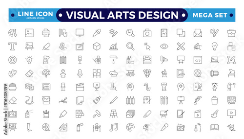 Art icon set. It contains literature, architecture, sculpture, art, exhibition, painting, music, design, and museum icons—editable stroke outline icons.