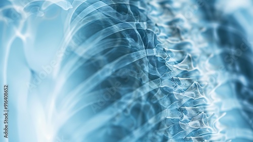 High-resolution X-ray of the rib cage in a lateral position, showing fractures and bone alignment clearly, blue monochromatic filter, minimalistic medical background, radiological context. photo