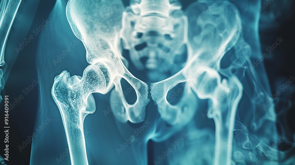 Pediatric hip X-ray showing a clear pre-replacement joint condition, detailed bone structure, blue monochrome, high-resolution, clinical environment, clean presentation. --ar 16:9 --v 6. Pediatric hip X-ray showing a clear pre-replacement joint condition, detailed bone structure, blue monochrome, high-resolution, clinical environment, clean presentation. --ar 16:9 --v 6.