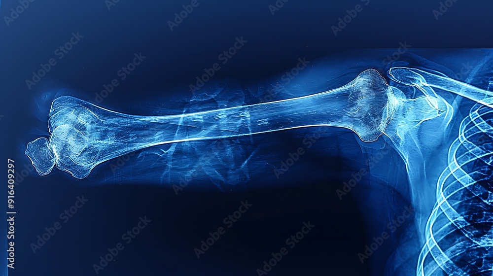 Pediatric shoulder X-ray showing a clear dislocation, detailed bone structure, blue monochrome, high-resolution, clinical environment, clean presentation. --ar 16:9 --v 6.0 --s 250 --style raw Pediatric shoulder X-ray showing a clear dislocation, detailed bone structure, blue monochrome, high-resolution, clinical environment, clean presentation. --ar 16:9 --v 6.0 --s 250 --style raw