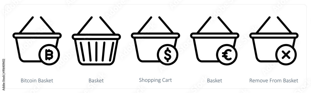 A set of 5 shopping icons as bitcoin basket, basket, shopping car A set of 5 shopping icons as bitcoin basket, basket, shopping car
