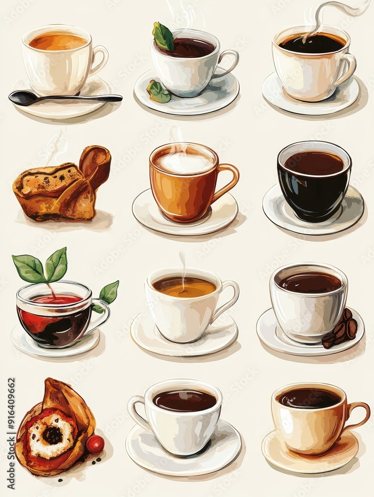 Coffee and Tea Collection in Watercolor Style Coffee and Tea Collection in Watercolor Style