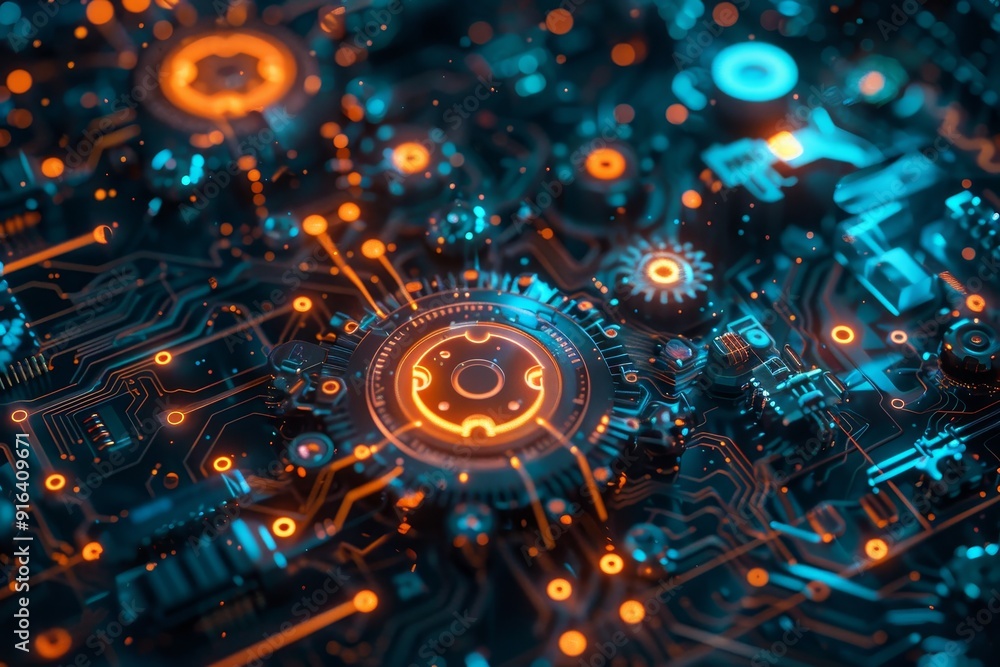 Abstract visualization of digital transformation process with gears and circuits, illustrating technology-driven change Abstract visualization of digital transformation process with gears and circuits, illustrating technology-driven change