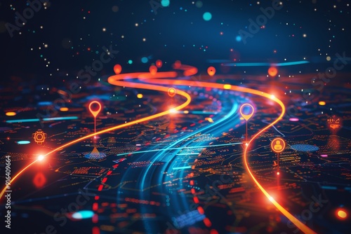 Abstract illustration of digital transformation journey with roadmap and milestones, representing progress and advancement