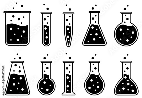 様々な形の実験用具、フラスコ、ビーカー、試験管などのガラス器具のベクターイラストセット