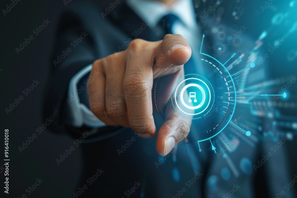 Close-up of businessman pressing digital transformation button, symbolizing initiation of digital change Close-up of businessman pressing digital transformation button, symbolizing initiation of digital change