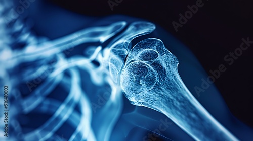 Side-view X-ray of a dislocated shoulder in a flexed position, highlighting the bone misalignment, high clarity, blue-tinted monochrome, minimal background, medical context. --ar 16:9 --v 6.
