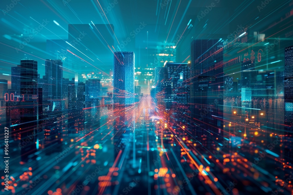 Fototapeta premium Abstract digital city skyline with data streams, illustrating interconnectedness and advancement in digital transformation