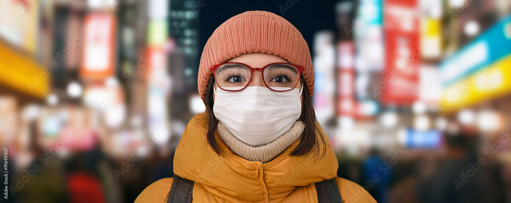 Person wearing a mask in a vibrant crowded area Person wearing a mask in a vibrant crowded area