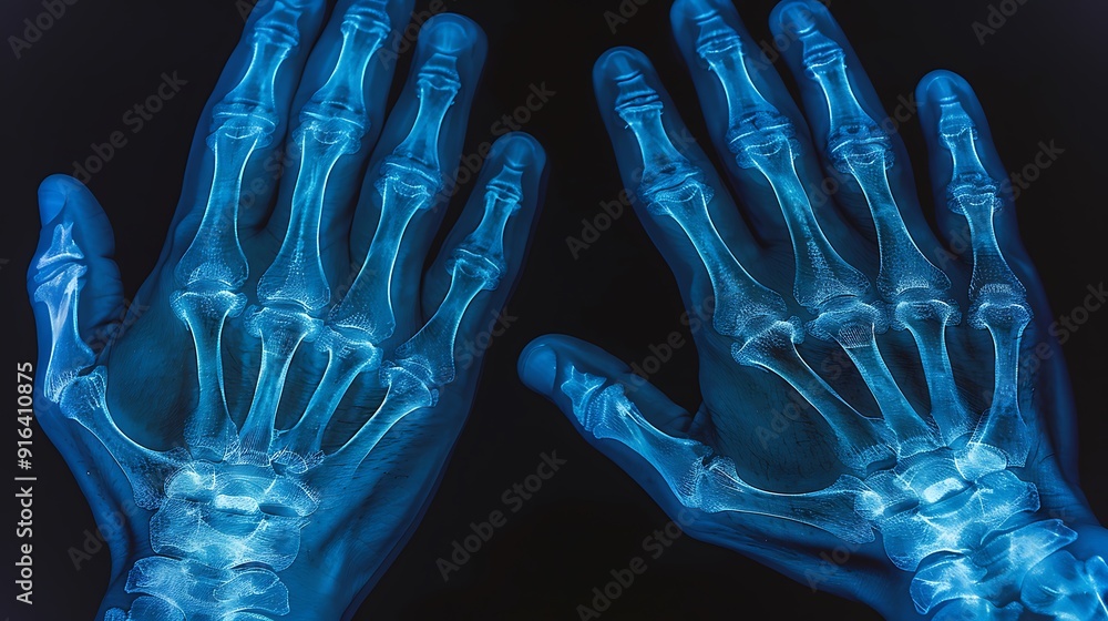 Side-view X-ray of hands in a flexed position, highlighting joint inflammation and deformation from rheumatoid arthritis, high clarity, blue-tinted monochrome, minimal background, medical context.