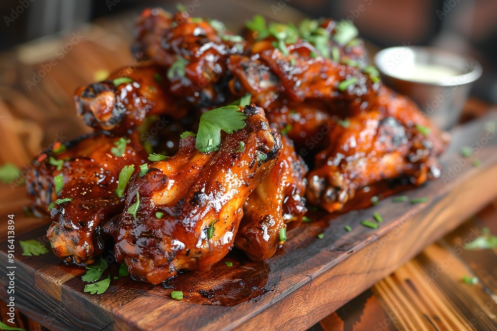 Juicy buffalo wings on wooden platter Juicy buffalo wings on wooden platter
