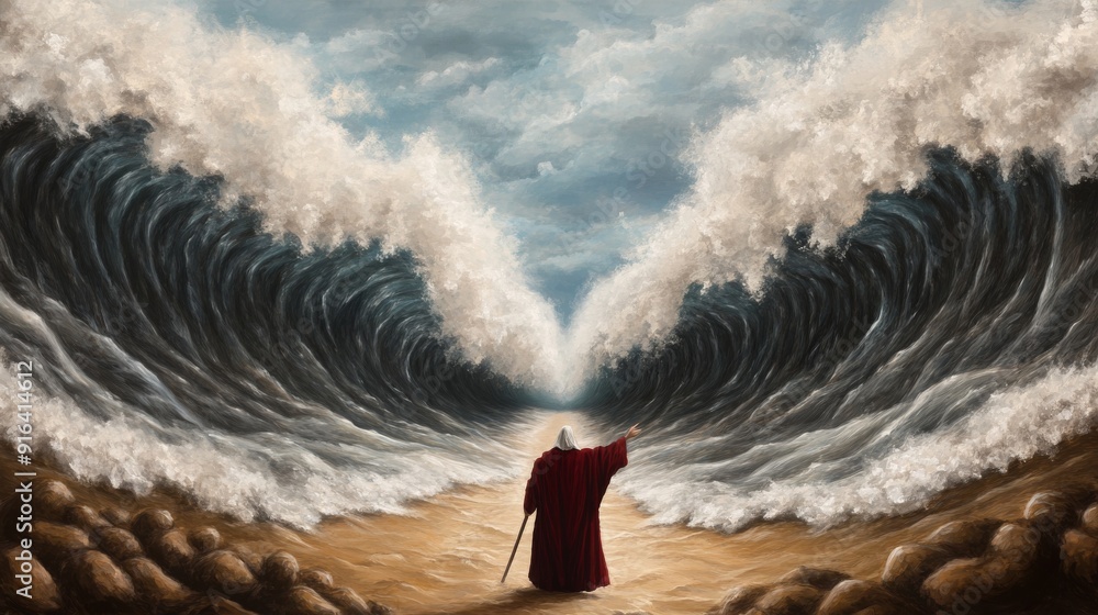 Moses stands with his arms outstretched as he partes the Red Sea, with ...