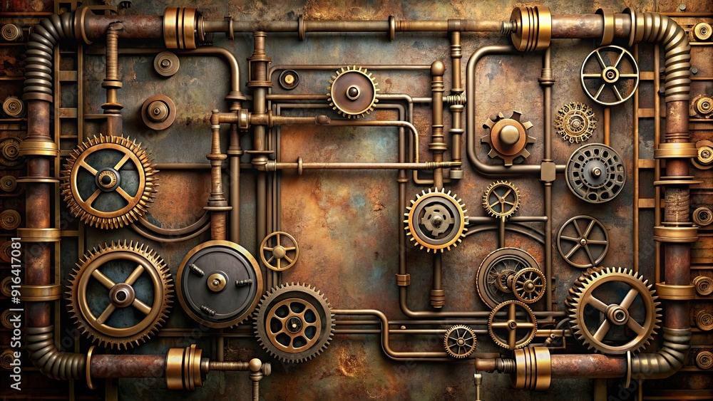 Industrial steampunk themed background with gears, pipes, and vintage machinery , steampunk, industrial, gears, pipes