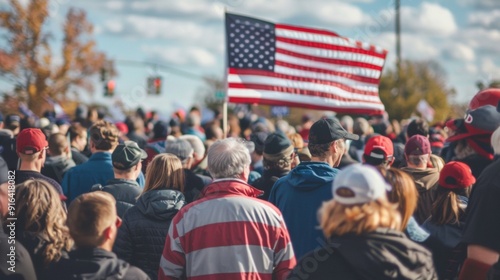 Crowd of patriots marching on the street holding the American flag