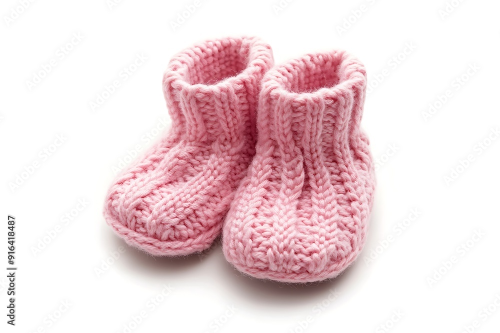 Small knitted pink socks made of wool and cotton for newborns on a white background. Small knitted pink socks made of wool and cotton for newborns on a white background.