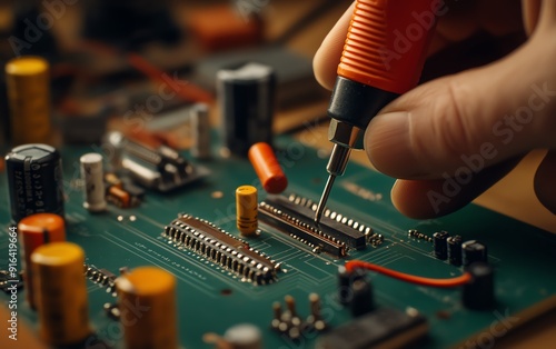 Close-up of a vintage electronics kit with resistors and wires being assembled, showcasing a DIY hardware project in soft tones photo