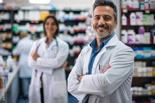 Hospital pharmacy with pharmacist and medication, representing pharmaceutical services