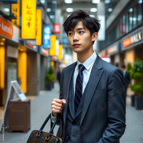 20代、30代のオフィス街にいるアジア人男性（日本人・韓国人イメージ）　Asian Man in His 20s or 30s Wearing a Suit in an Office District photo