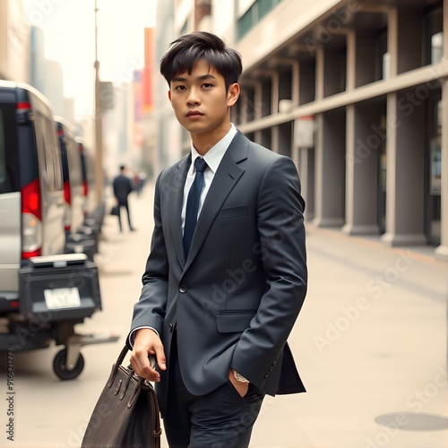 20代、30代のオフィス街にいるアジア人男性（日本人・韓国人イメージ）　Asian Man in His 20s or 30s Wearing a Suit in an Office District photo