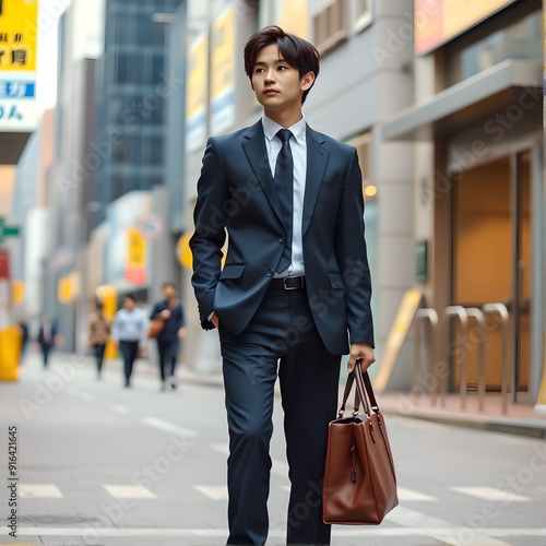 20代、30代のオフィス街にいるアジア人男性（日本人・韓国人イメージ）　Asian Man in His 20s or 30s Wearing a Suit in an Office District photo