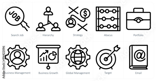 A set of 10 business icons as search job, hierarchy, strategy