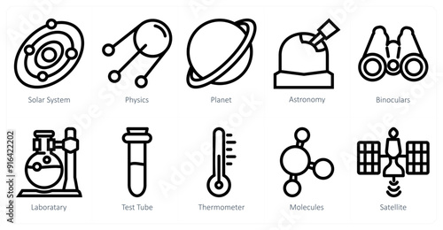 A set of 10 science icons as solar system, physics, planet
