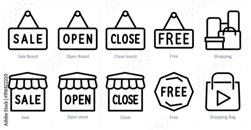 A set of 10 shopping icons as sale board, open board, close board