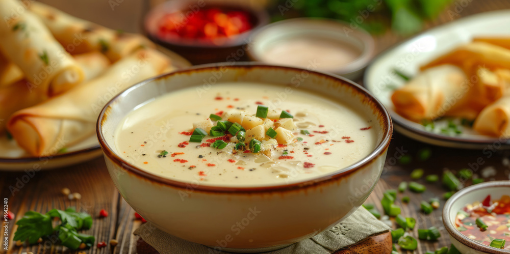 A bowl with cheese cream soup on a wooden table, with a plate of French fries and spring rolls in the background, creating a cozy and inviting scene. A bowl with cheese cream soup on a wooden table, with a plate of French fries and spring rolls in the background, creating a cozy and inviting scene.