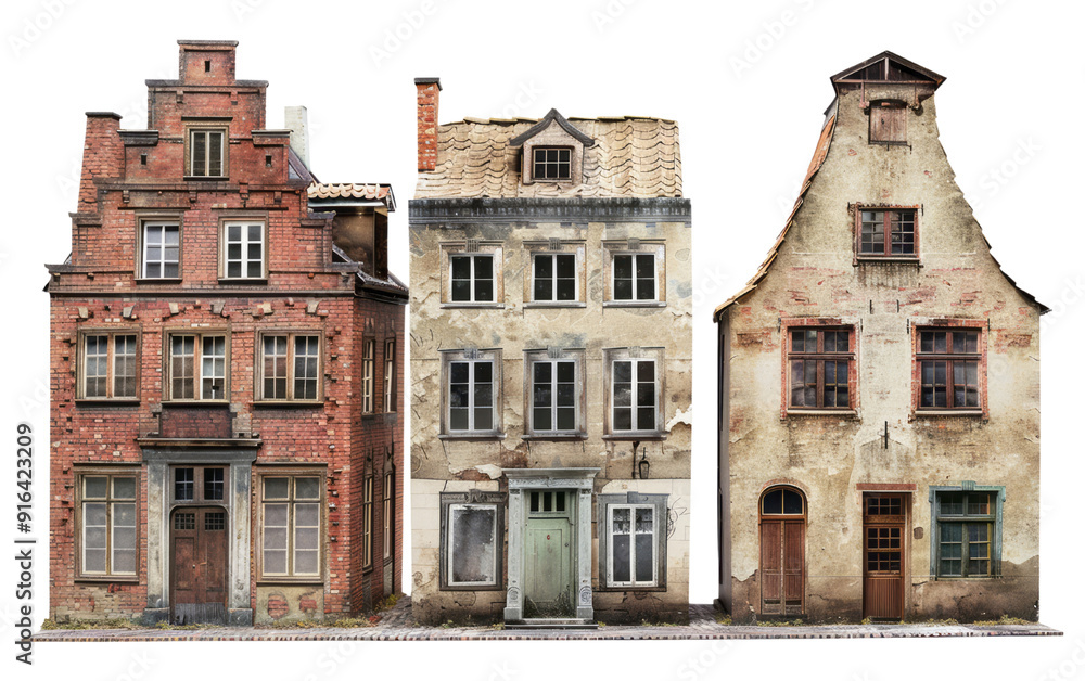Obraz premium Three buildings of varying heights, with a brick building in the middle, on a street in an ancient town.