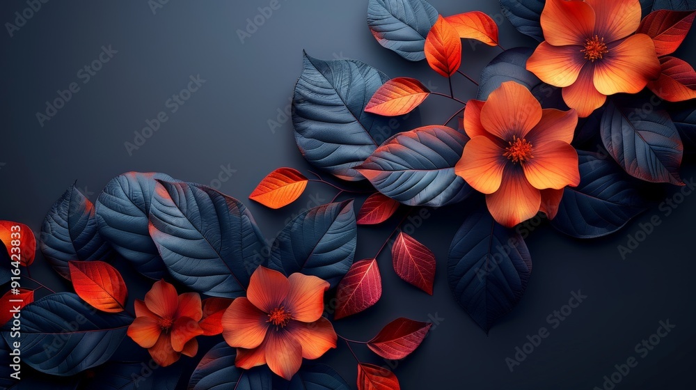 A sleek wallpaper with a black background and an elegant arrangement of leaves and flowers, offering plenty of copy space A sleek wallpaper with a black background and an elegant arrangement of leaves and flowers, offering plenty of copy space