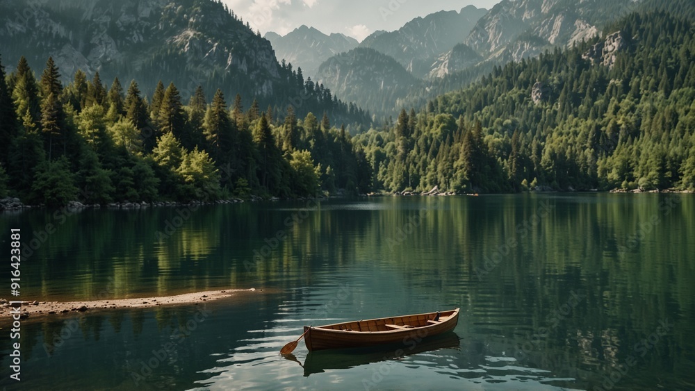 A charming lake scene with a few small boats floating on the water, surrounded by dense forests and mountains. A charming lake scene with a few small boats floating on the water, surrounded by dense forests and mountains.