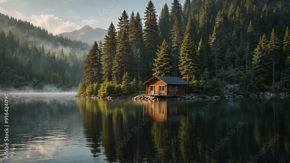 Fototapeta premium A tranquil lakeside cabin with morning mist gently drifting over the water, surrounded by tall pine trees and mountains.