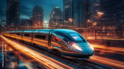 A silver train is traveling down a track in a city at night