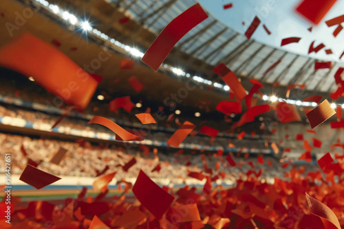 Confetti falling from the sky on a stadium after sportive event