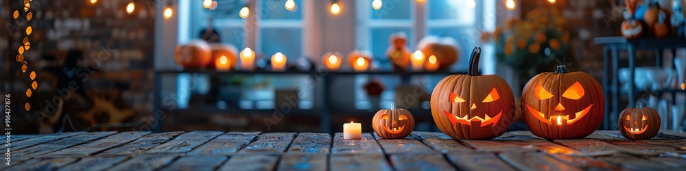Scary carved pumpkins with flickering candles inside, surrounded by haunted house decor Scary carved pumpkins with flickering candles inside, surrounded by haunted house decor