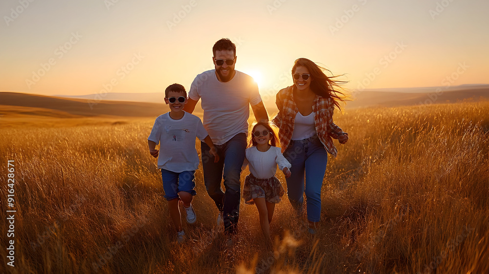 Family Running Through Golden Field - Photo Family Running Through Golden Field - Photo